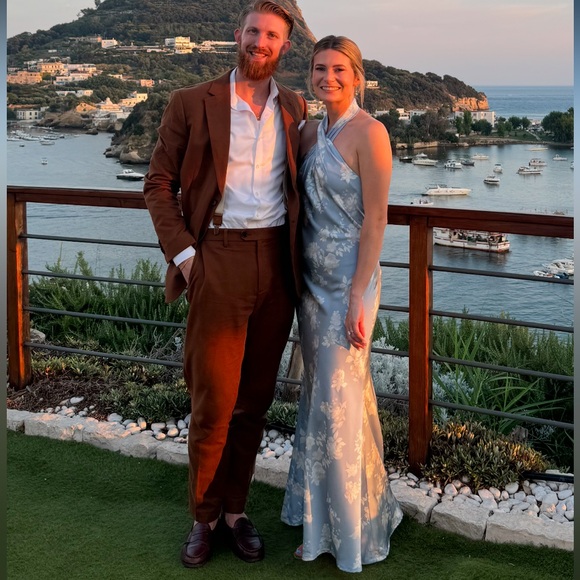 BHLDN Ruby Twist Halter Satin Gown Blue Floral - Size 4 - Picture 5 of 10